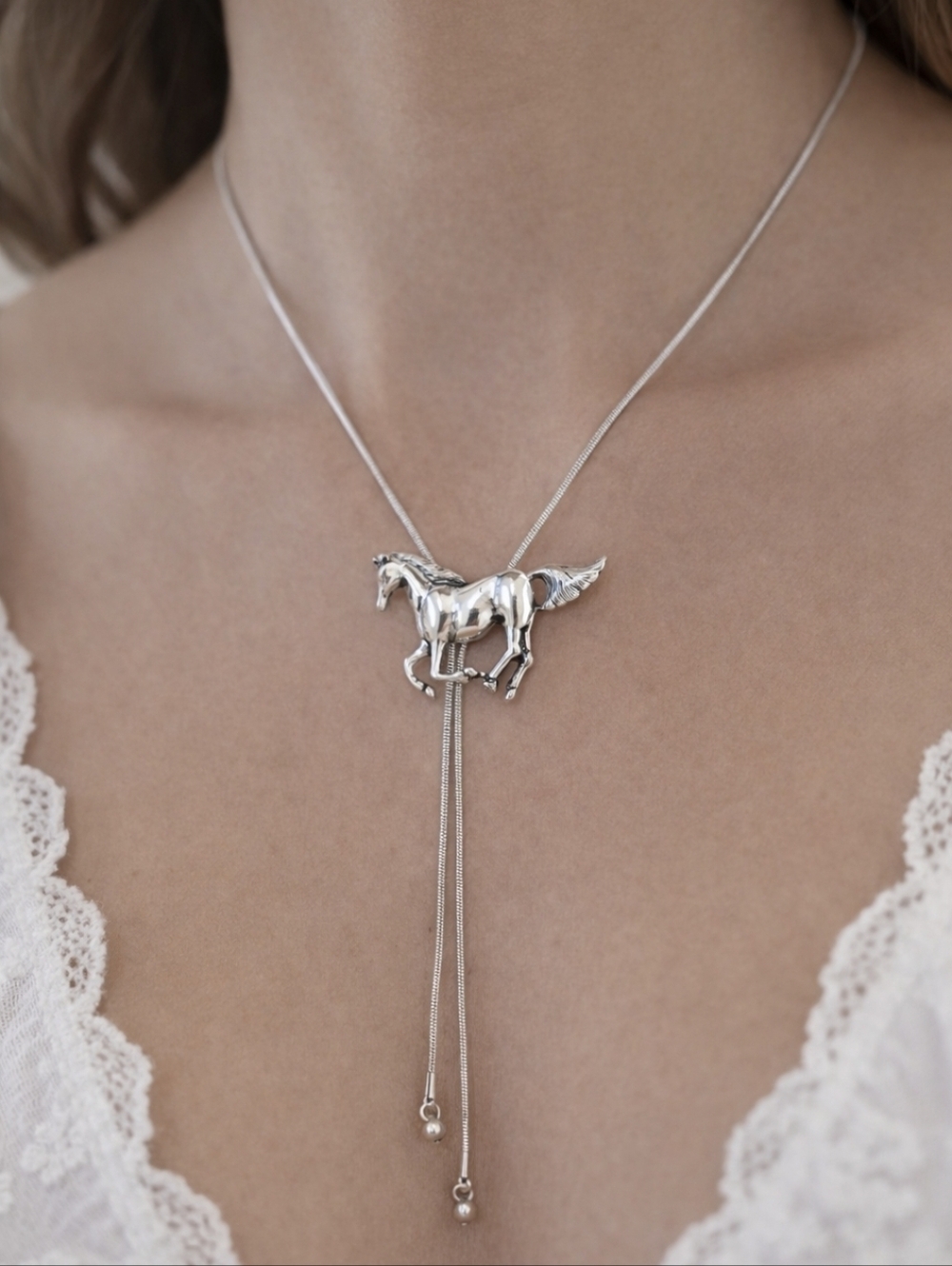 Silver Horse Lariat Necklace | Adjustable Western Equestrian Y Necklace 🐎